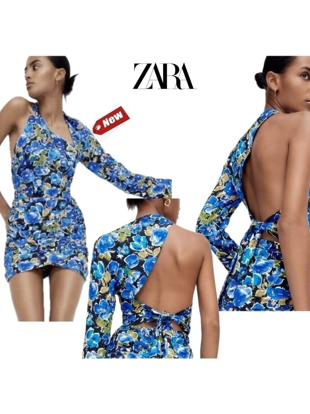 Zara blue floral flower one shoulder long sleeve cutout back tie blouse XL NWT